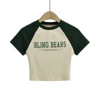 Color Blocking Letter Printed Round Neck Short Sleeve