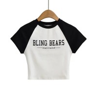 Color Blocking Letter Printed Round Neck Short Sleeve