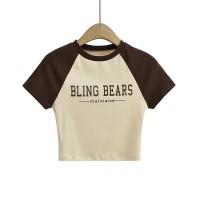 Color Blocking Letter Printed Round Neck Short Sleeve