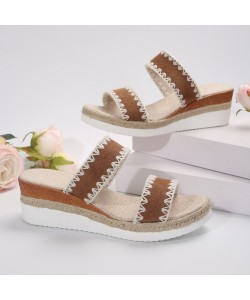 New Hemp Rope Woven Wedge Slippers Summer Ethnic Style Sandals Double Wide Strappy Shoes For Women