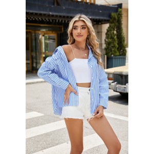 Fashion Striped Long Sleeve Shirt With Pockets Casual Loose Single-breasted Button Top Women Clothing