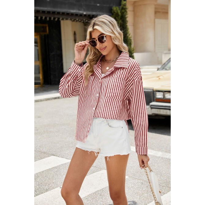 Fashion Striped Long Sleeve Shirt With Pockets Casual Loose Single-breasted Button Top Women Clothing