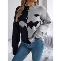 Halloween Contrast-color Pullover Sweater Fashion Long Sleeve Knitted Tops For Womens Clothing