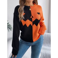 Halloween Contrast-color Pullover Sweater Fashion Long Sleeve Knitted Tops For Womens Clothing