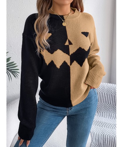 Halloween Contrast-color Pullover Sweater Fashion Long Sleeve Knitted Tops For Womens Clothing