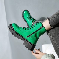 Patent Leather Mid Heel Round Toe Short Motorcycle Boots
