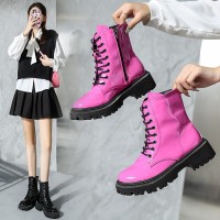 Patent Leather Mid Heel Round Toe Short Motorcycle Boots