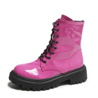 Patent Leather Mid Heel Round Toe Short Motorcycle Boots