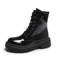 Patent Leather Mid Heel Round Toe Short Motorcycle Boots