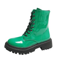 Patent Leather Mid Heel Round Toe Short Motorcycle Boots