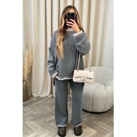 Women's Suit Fashion Pullover Split Long-sleeved Top And Loose Straight Pants Solid Color Two-piece Set
