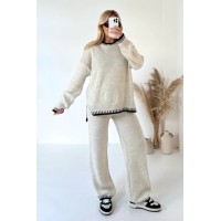 Women's Suit Fashion Pullover Split Long-sleeved Top And Loose Straight Pants Solid Color Two-piece Set
