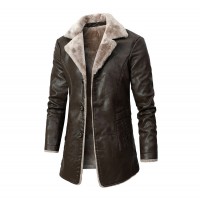 Plush Lapel Leather Jacket Winter Warm Fleece Single-breasted Coat For Men Long Clothing