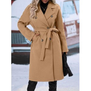 Lapel Double-breasted Trench Coat With Belt Winter Fashion Solid Color Long Jacket Outwear Women Clothing