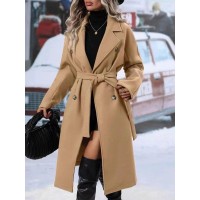 Lapel Double-breasted Trench Coat With Belt Winter Fashion Solid Color Long Jacket Outwear Women Clothing
