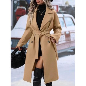 Lapel Double-breasted Trench Coat With Belt Winter Fashion Solid Color Long Jacket Outwear Women Clothing