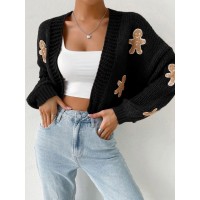 Knitted Sweater With Gingerbread Man Pattern V-Neck Spring Autumn Winter Gingerbread Man Cardigan