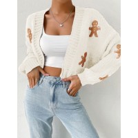 Knitted Sweater With Gingerbread Man Pattern V-Neck Spring Autumn Winter Gingerbread Man Cardigan