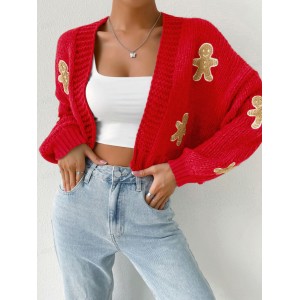 Knitted Sweater With Gingerbread Man Pattern V-Neck Spring Autumn Winter Gingerbread Man Cardigan
