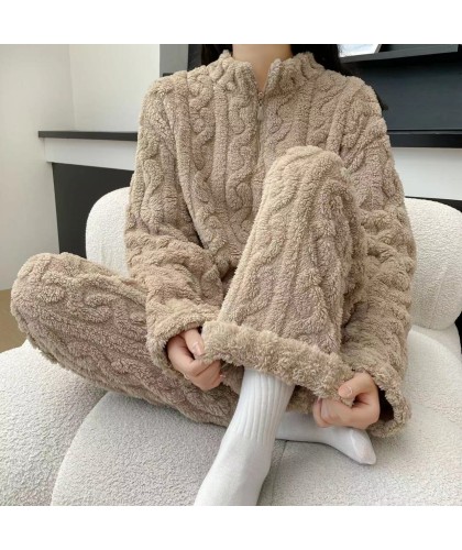 Autumn And Winter New Twist Zipper Couple Fleece-lined Thick Coral Fleece Pajamas Homewear Loungewear Sleepwear For Sleeping