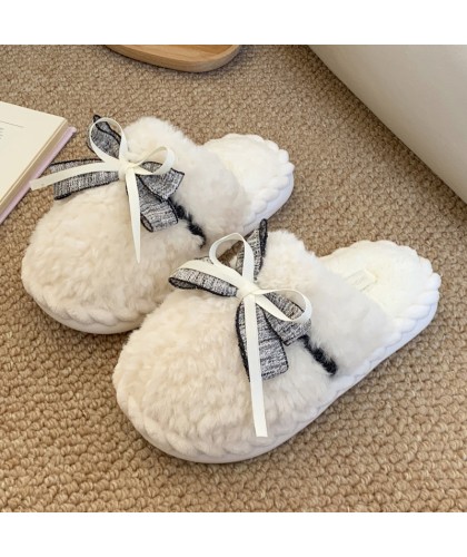 Autumn And Winter New Bow Tie Cotton Slippers Ladies Outside The Girl Heart Warm Plush Indoor Home Monthly Shoes Cotton Slippers