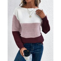 Pullover Knitted Sweater Fashion Round Neck Splicing Knitwear Loose Top Women's Clothing