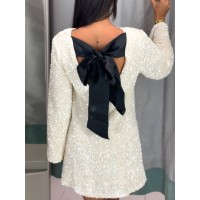 Sequined Back-Bowed Dress Fashion Round Neck Long Sleeve Dresses For Party Daily Shopping Women