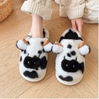 Cute Cartoon Cow Plush Slippers Winter Warm Indoor Bedroom Floor Fuzzy Slipper Couple Non-slip House Shoes