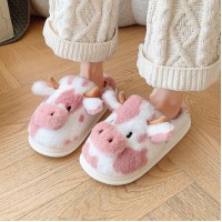 Cute Cartoon Cow Plush Slippers Winter Warm Indoor Bedroom Floor Fuzzy Slipper Couple Non-slip House Shoes