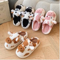 Cute Cartoon Cow Plush Slippers Winter Warm Indoor Bedroom Floor Fuzzy Slipper Couple Non-slip House Shoes