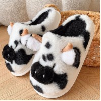 Cute Cartoon Cow Plush Slippers Winter Warm Indoor Bedroom Floor Fuzzy Slipper Couple Non-slip House Shoes