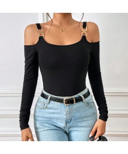 Women's Spring And Summer Fashion Simple Suspender Off-Shoulder Metal Hook Long-Sleeved Sexy Top