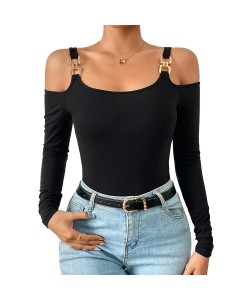 Women's Spring And Summer Fashion Simple Suspender Off-Shoulder Metal Hook Long-Sleeved Sexy Top