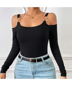 Women's Spring And Summer Fashion Simple Suspender Off-Shoulder Metal Hook Long-Sleeved Sexy Top
