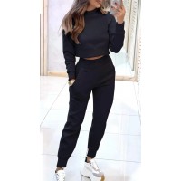 Stand Collar Sports Suit Fashion Pullover Long-sleeves Short Top And Slim Trousers With Pockets Solid Outfits Women's Clothing