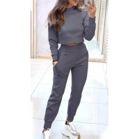 Stand Collar Sports Suit Fashion Pullover Long-sleeves Short Top And Slim Trousers With Pockets Solid Outfits Women's Clothing