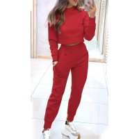Stand Collar Sports Suit Fashion Pullover Long-sleeves Short Top And Slim Trousers With Pockets Solid Outfits Women's Clothing