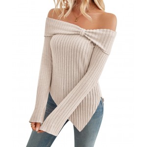 Women's Trendy Knit Ribbed Tops Bow Tie One Shoulder Long Sleeve Sweater Slim Cute Split Shirts Dressy Tops