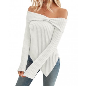 Women's Trendy Knit Ribbed Tops Bow Tie One Shoulder Long Sleeve Sweater Slim Cute Split Shirts Dressy Tops