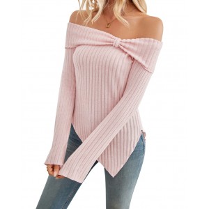 Women's Trendy Knit Ribbed Tops Bow Tie One Shoulder Long Sleeve Sweater Slim Cute Split Shirts Dressy Tops