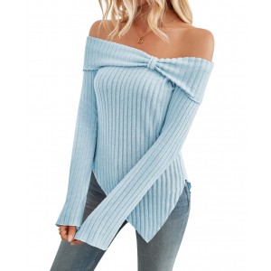 Women's Trendy Knit Ribbed Tops Bow Tie One Shoulder Long Sleeve Sweater Slim Cute Split Shirts Dressy Tops