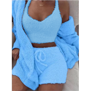 3pcs Womens Clothing Long Sleeve Crop Tank Top And Drawstring Shorts Pajama Set