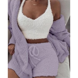 3pcs Womens Clothing Long Sleeve Crop Tank Top And Drawstring Shorts Pajama Set