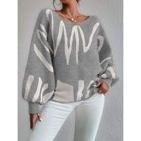 New Lantern-sleeved Pullover Sweater Fashion Line Printed Loose Tops Women's Clothing