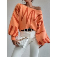 New Lantern-sleeved Pullover Sweater Fashion Line Printed Loose Tops Women's Clothing
