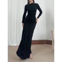 Slim-fitting Long-sleeved Asymmetric Split Dress Ins Fashion Solid Color Long Dresses For Women