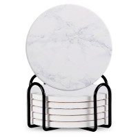 Set Of 6 Beverage Coasters With Stand Round 4in Ceramic Coaster With Metal Stand Absorbent Marble Stone Coaster With Cork Base