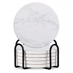 Set Of 6 Beverage Coasters With Stand Round 4in Ceramic Coaster With Metal Stand Absorbent Marble Stone Coaster With Cork Base