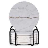 Set Of 6 Beverage Coasters With Stand Round 4in Ceramic Coaster With Metal Stand Absorbent Marble Stone Coaster With Cork Base