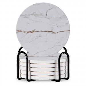 Set Of 6 Beverage Coasters With Stand Round 4in Ceramic Coaster With Metal Stand Absorbent Marble Stone Coaster With Cork Base